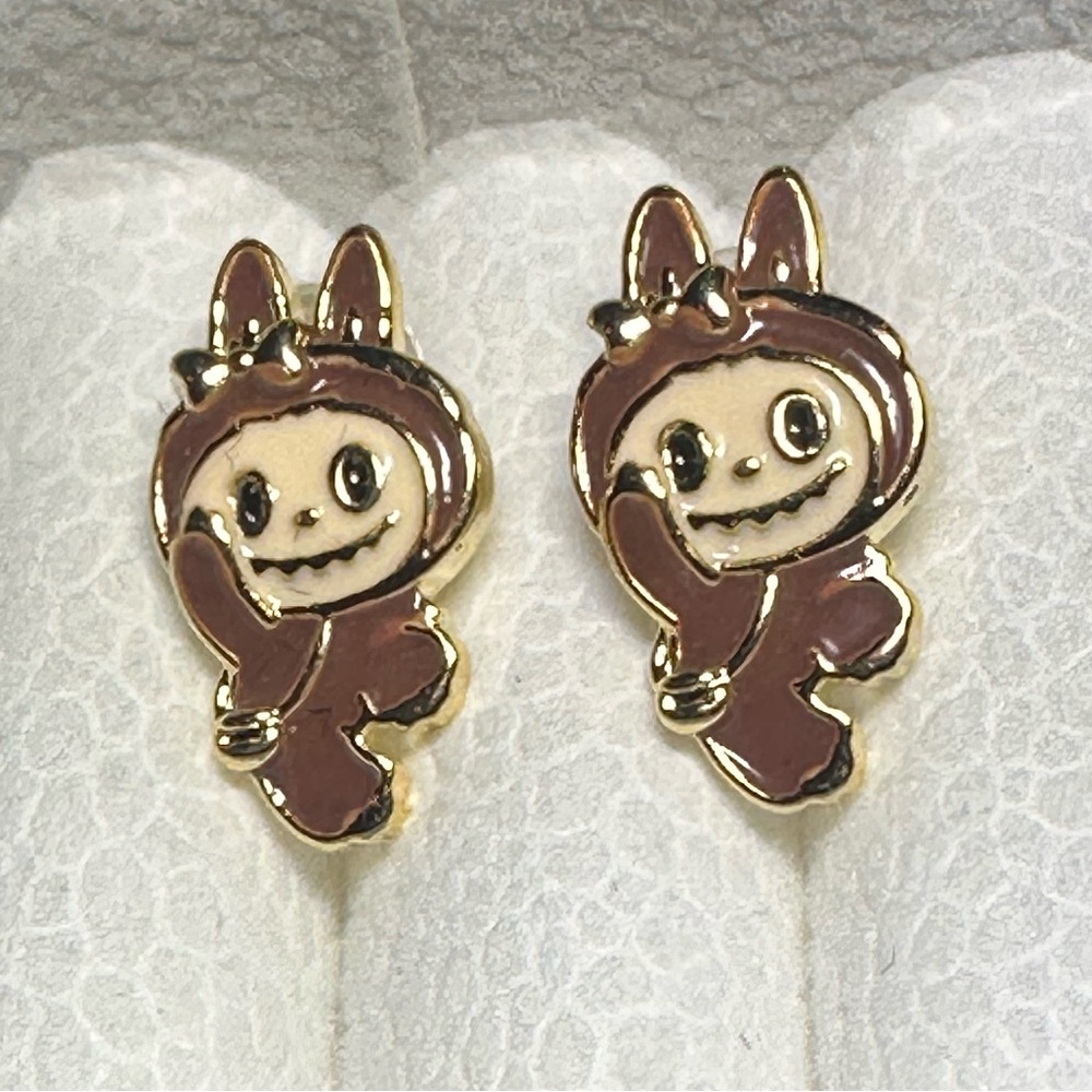 14k Gold Waving Labubu Monster Theme Enameled Stud Character Earrings Kawaii